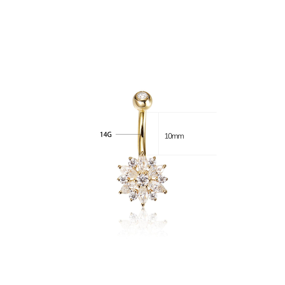 worn on model - 14K solid gold marquise-cut lab diamond floral for navel piercing belly button ring 14g nickel-free