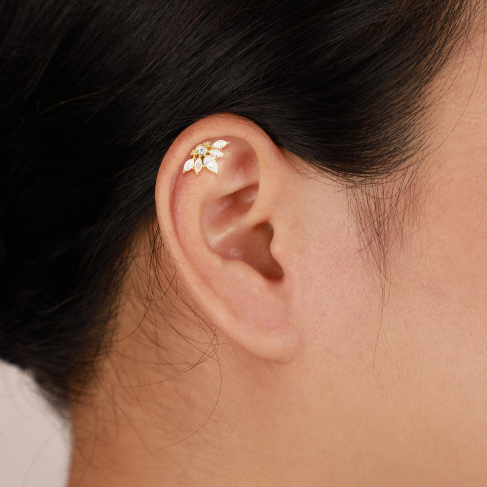 product angle view of 14K solid gold lab diamond lotus flower for cartilage piercing flat back stud earring threadless des...