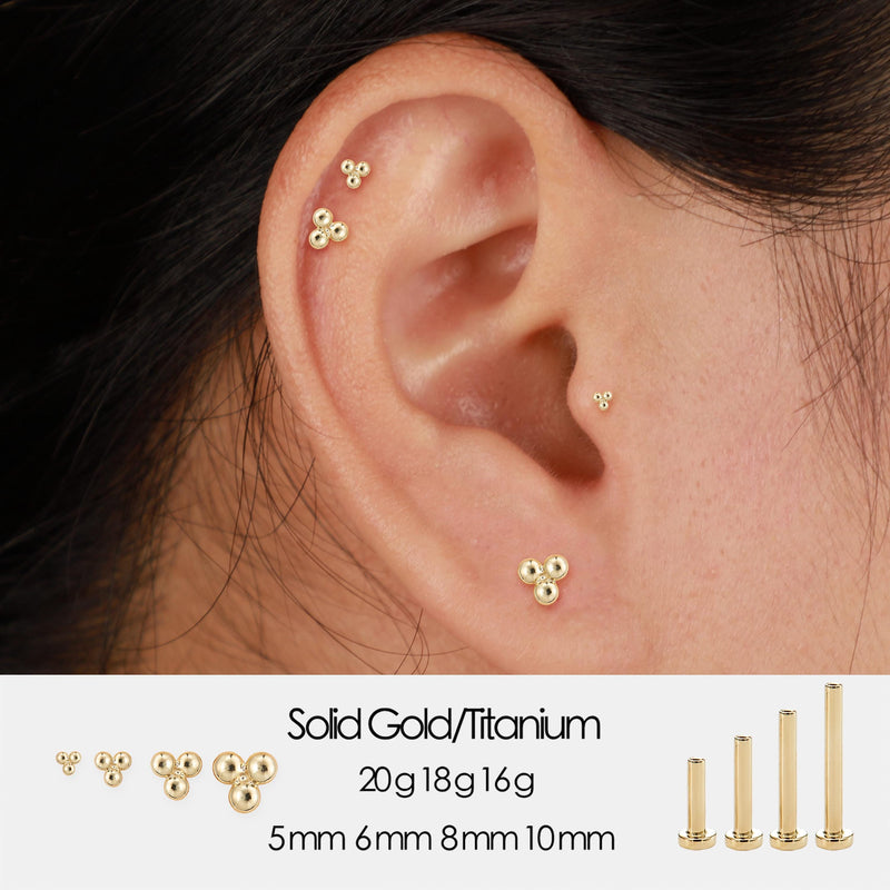 14K Solid Gold Tiny Trinity Ball Threadless Push Pin Flat Back Labret