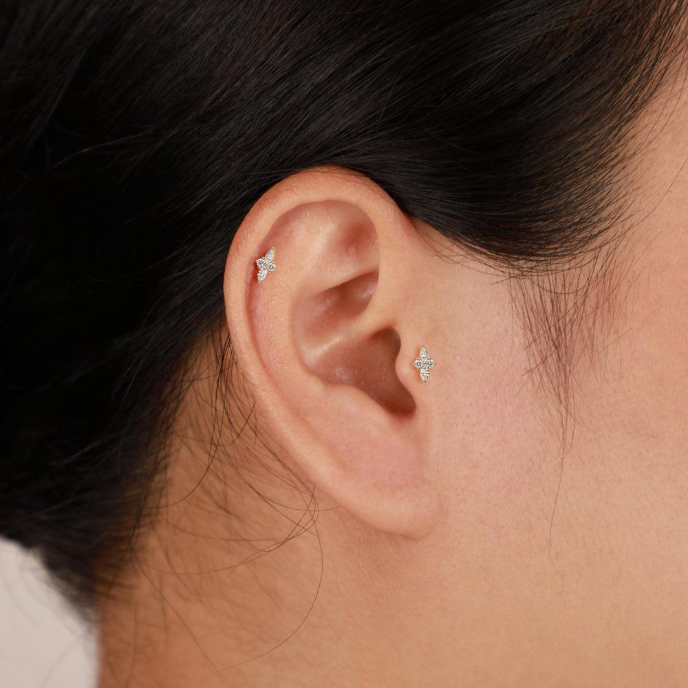 worn on model - 14K solid gold lab diamond labret stud push pin design nickel-free