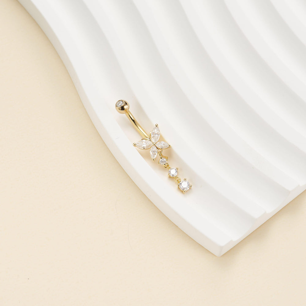 side angle of 14K solid gold lab diamond for navel piercing belly button ring 14g nickel-free