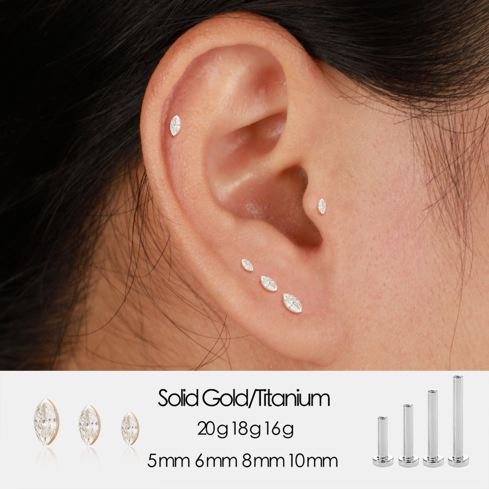 14K solid gold marquise-cut lab diamond invisible setting flat back stud earring screw back design nickel-free