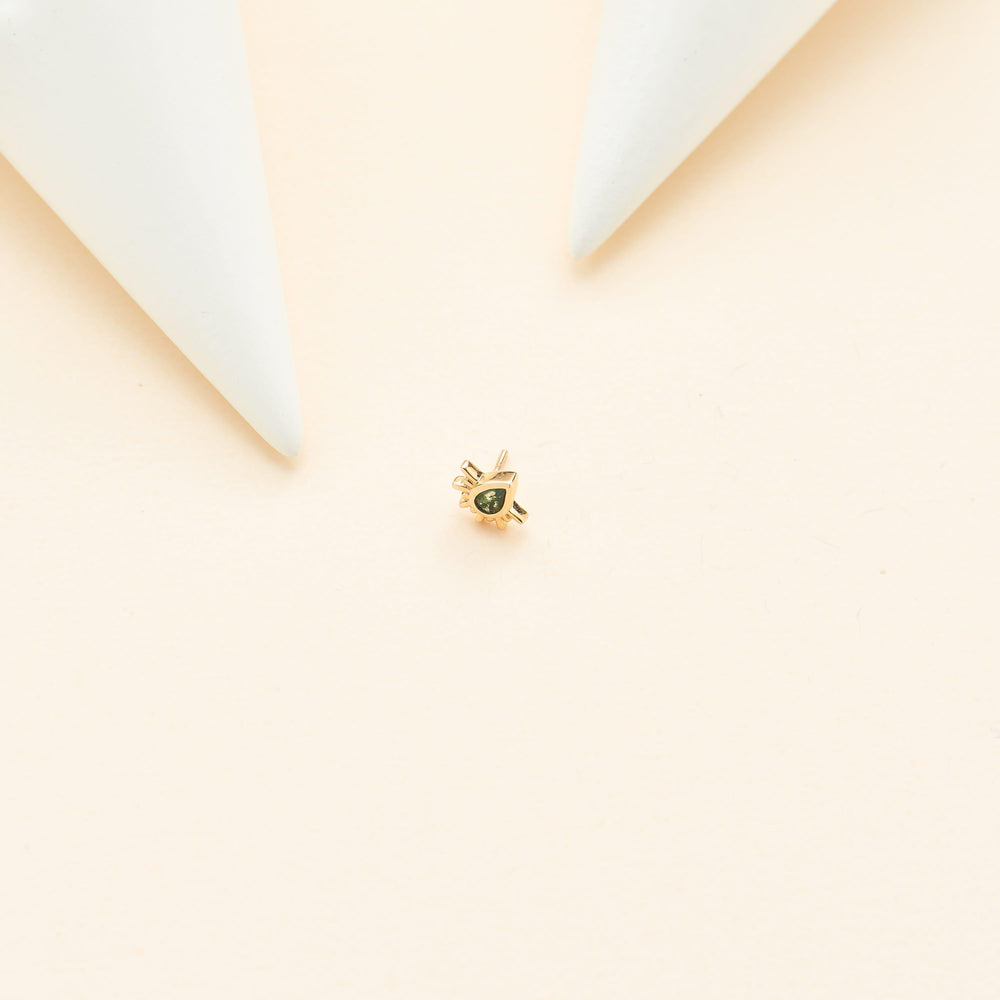 worn on model - 14K solid gold pear-cut moss agate for cartilage piercing flat back stud earring threadless design nickel-...