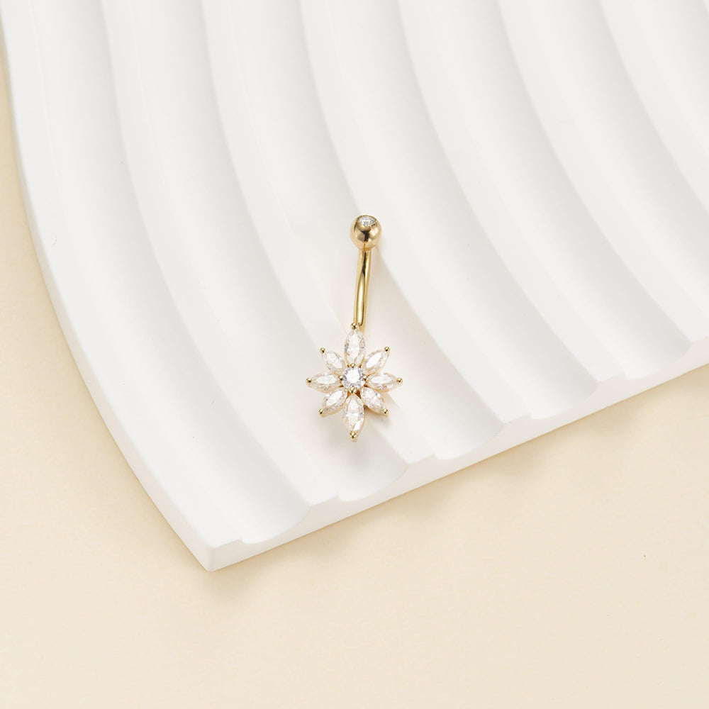 product angle view of 14K solid gold lab diamond floral for navel piercing belly button ring 14g nickel-free