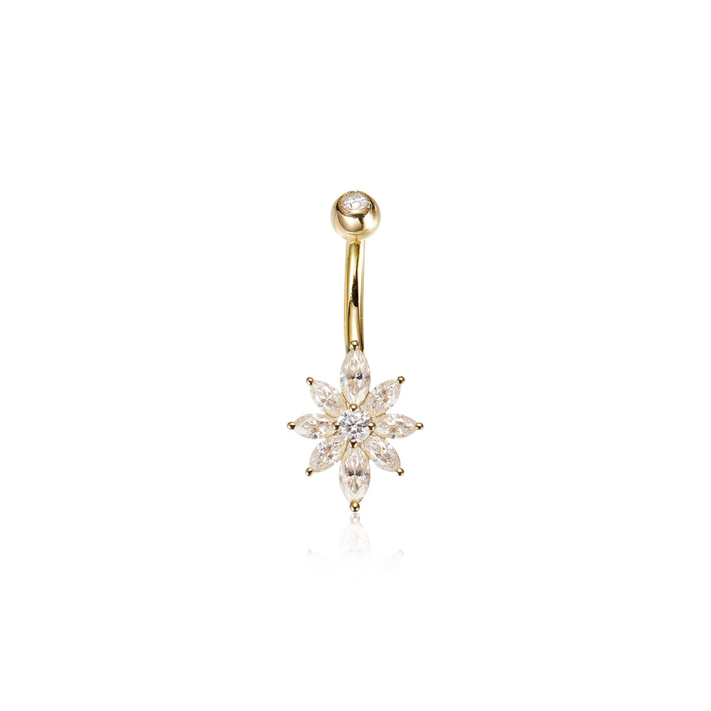 side angle of 14K solid gold lab diamond floral for navel piercing belly button ring 14g nickel-free