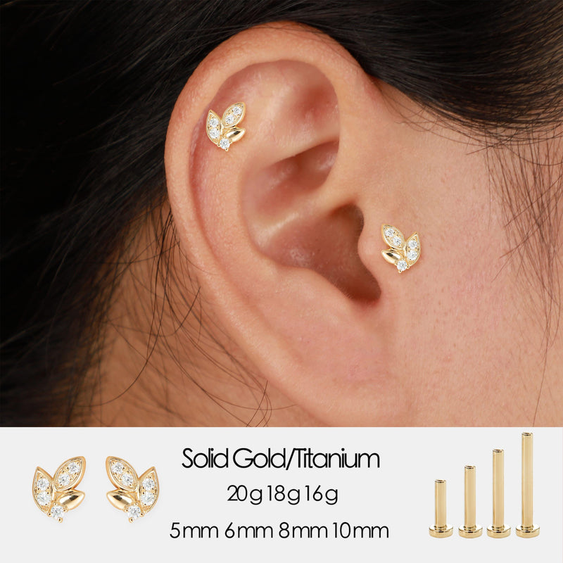 14K Solid Gold Lab Diamond Leaf Threadless Push Pin Flat Back Labret Stud