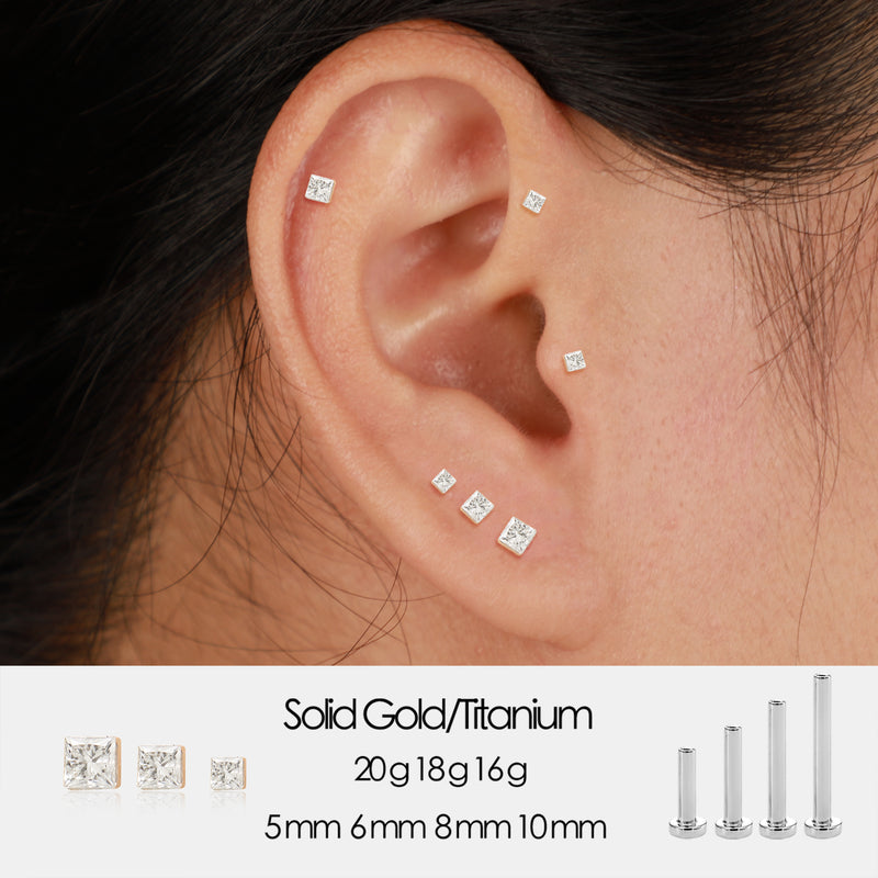 14K White Gold Invisible Princess Lab Diamond Screw Back Flat Stud Earring