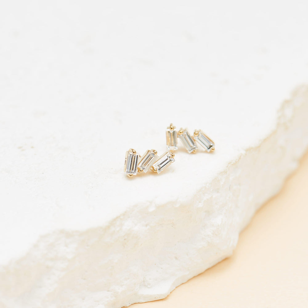 additional perspective of 14K solid gold baguette-cut lab diamond for cartilage piercing flat back stud earring nickel-free