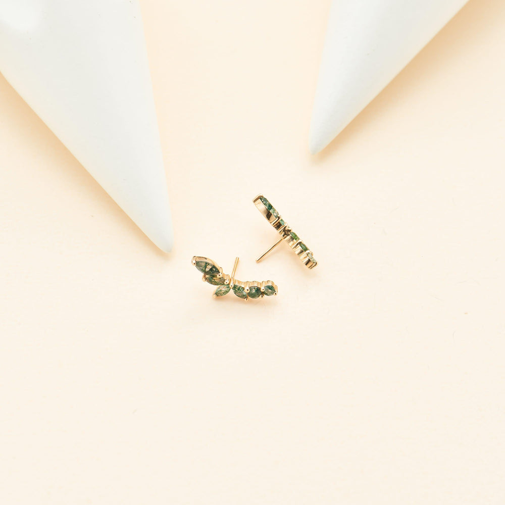 back view of 14K solid gold marquise-cut moss agate flat back stud earring threadless design nickel-free