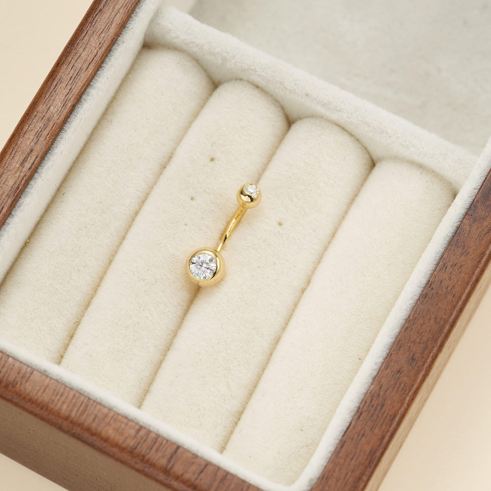 product angle view of 14K solid gold round lab diamond bubble-textured for navel piercing belly button ring 14g nickel-free