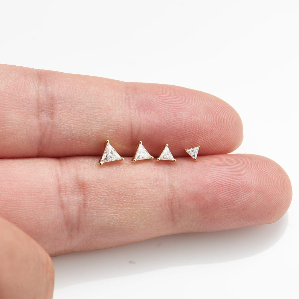 alternate view of 14K solid gold triangle moissanite for helix conch cartilage piercing flat back stud earring nickel-free