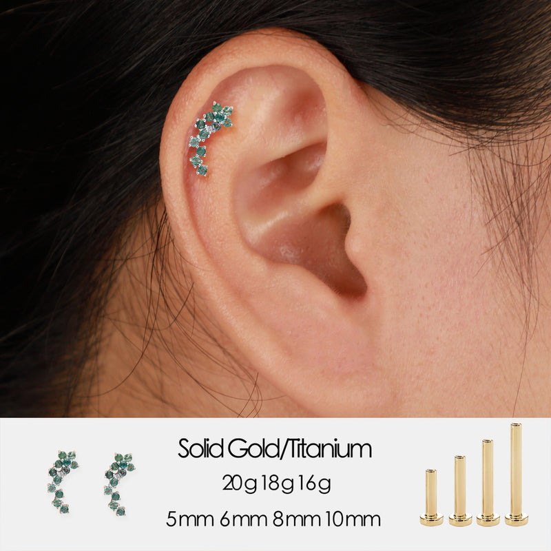 14K Solid Gold Round Moss Agate Cluster Earring Threadless Flat Back Stud