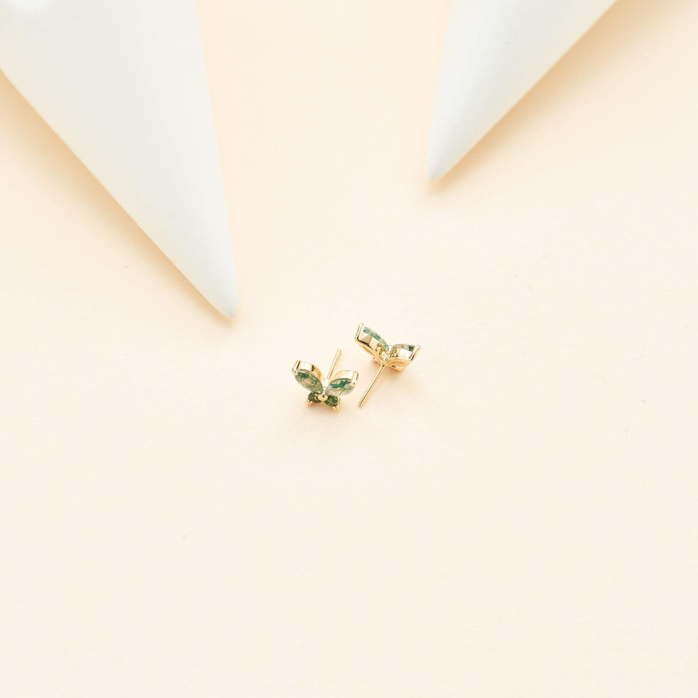 worn on model - 14K solid gold marquise-cut moss agate butterfly flat back stud earring threadless design nickel-free