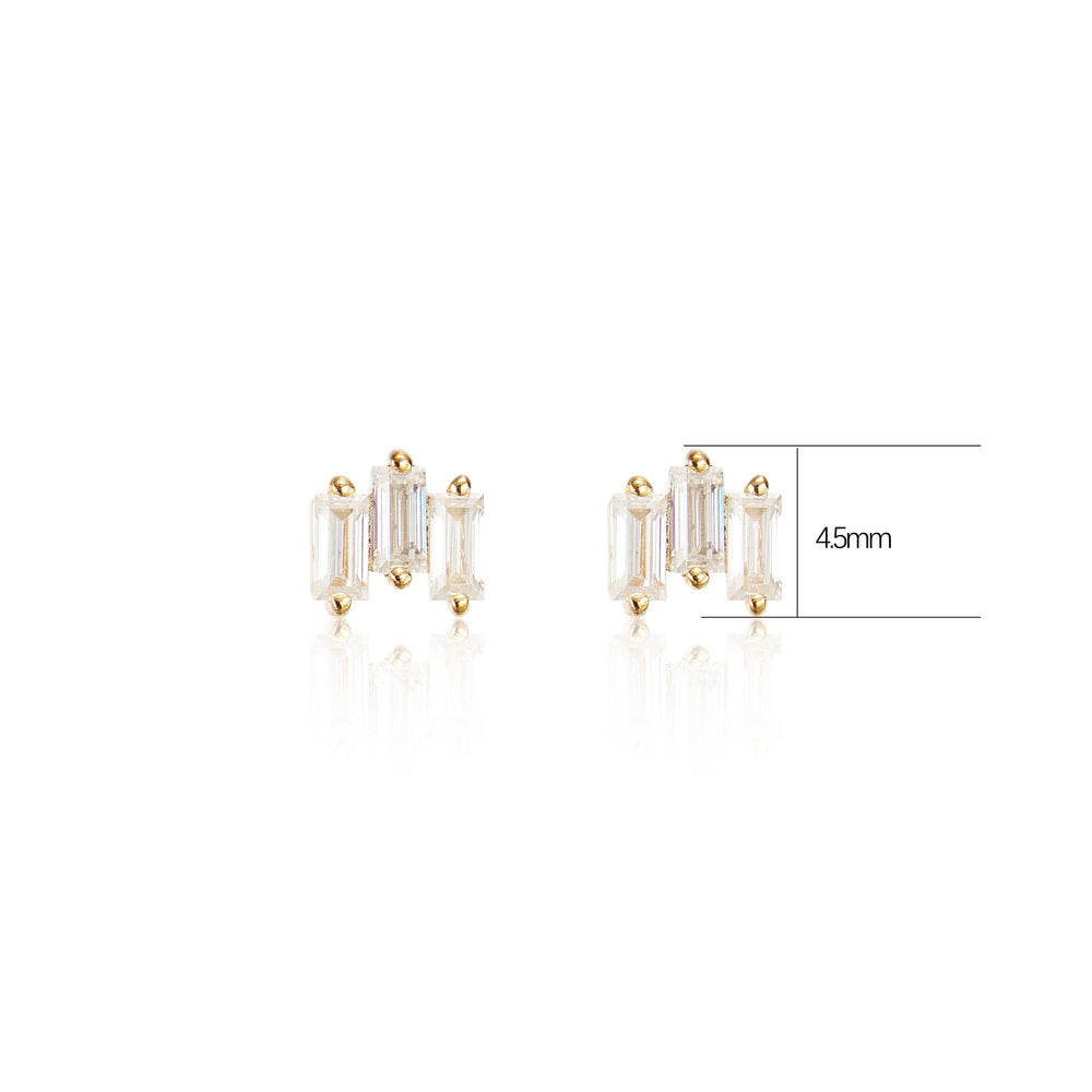 worn on model - 14K solid gold baguette-cut lab diamond flat back stud earring threadless design nickel-free