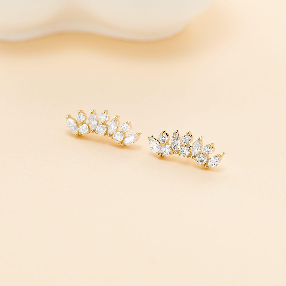 detail close-up of 14K solid gold lab diamond fan-shaped for helix conch cartilage piercing flat back stud earring threadl...