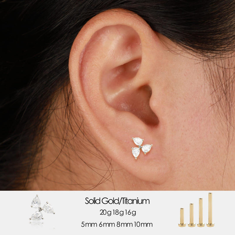 14K Solid Gold Pear Lab Diamond Windmill Threadless Cartilage Flat Back Earring