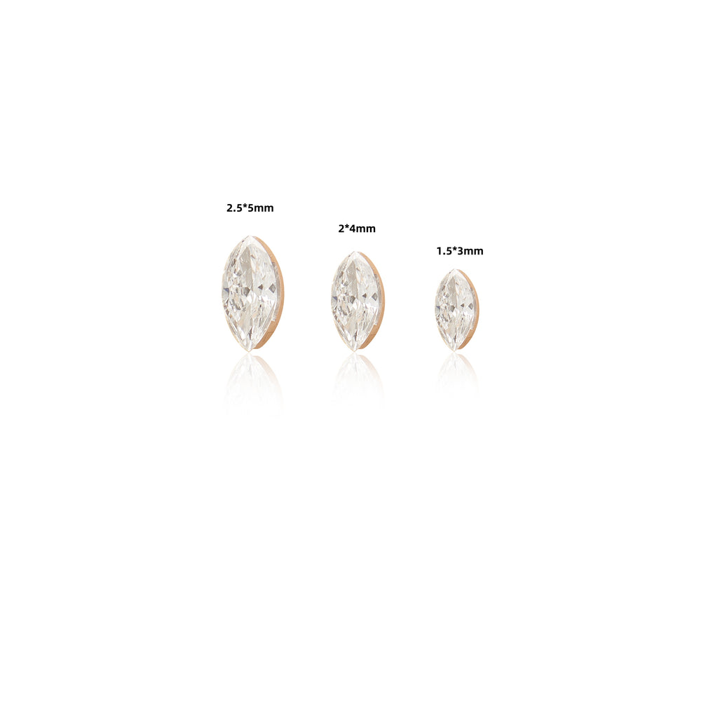 top view detail of 14K solid gold marquise-cut lab diamond invisible setting flat back stud earring screw back design nick...