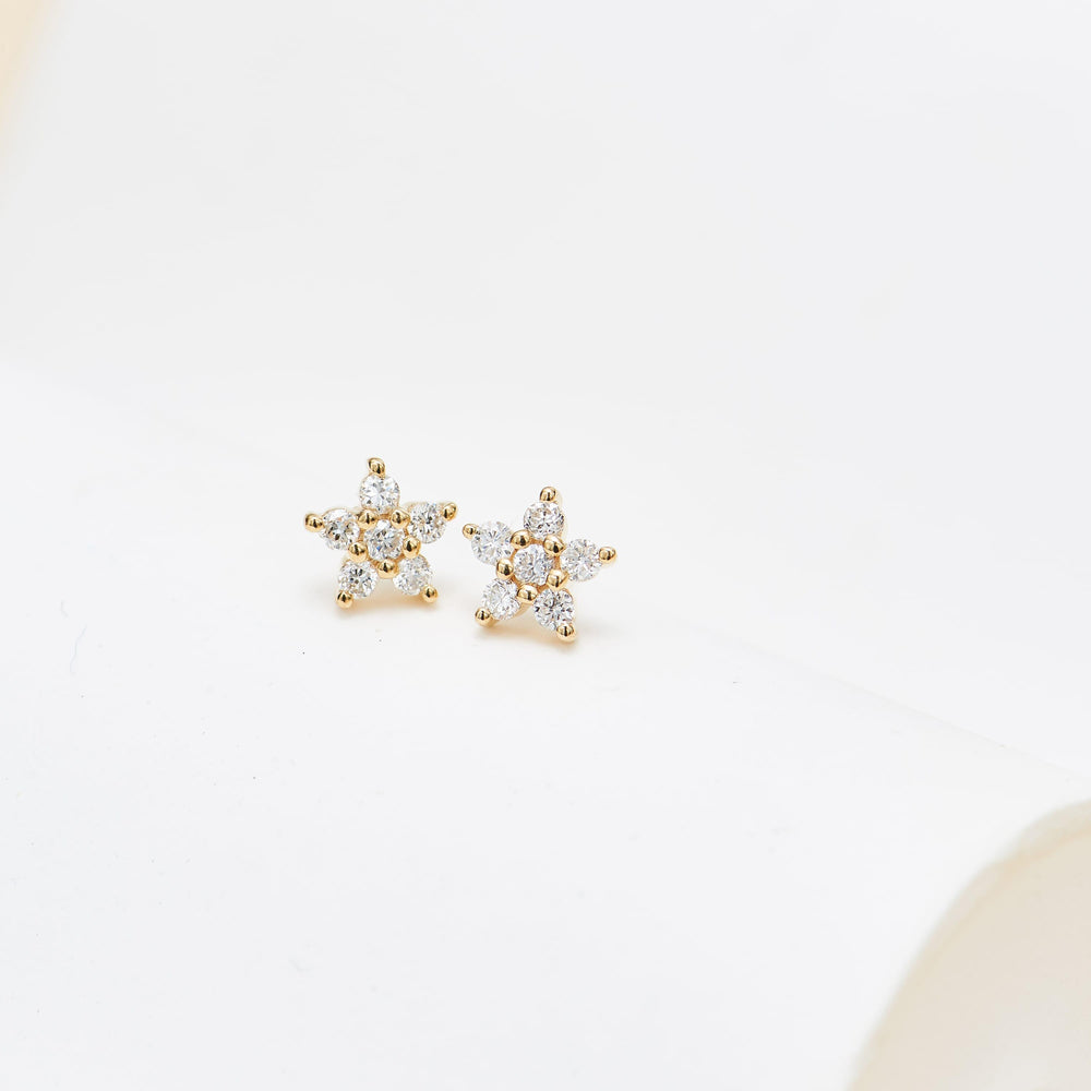 detail close-up of 14K solid gold lab diamond floral flat back stud earring push pin design 20g nickel-free
