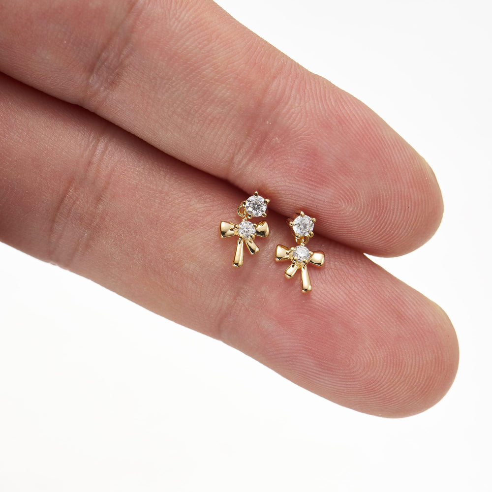 alternate view of 14K solid gold lab diamond bow tie design dangle earring threadless design nickel-free