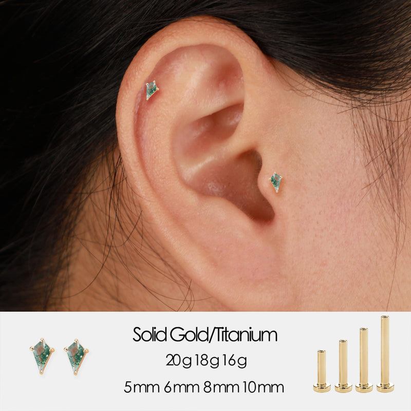 14K Solid Gold Kite Moss Agate Cartilage Threadless Flat Back Stud Earring