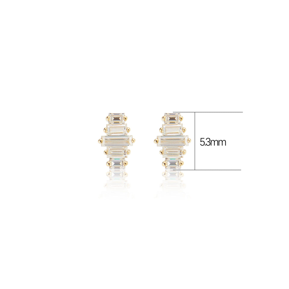 worn on model - 14K solid gold baguette-cut lab diamond flat back stud earring nickel-free