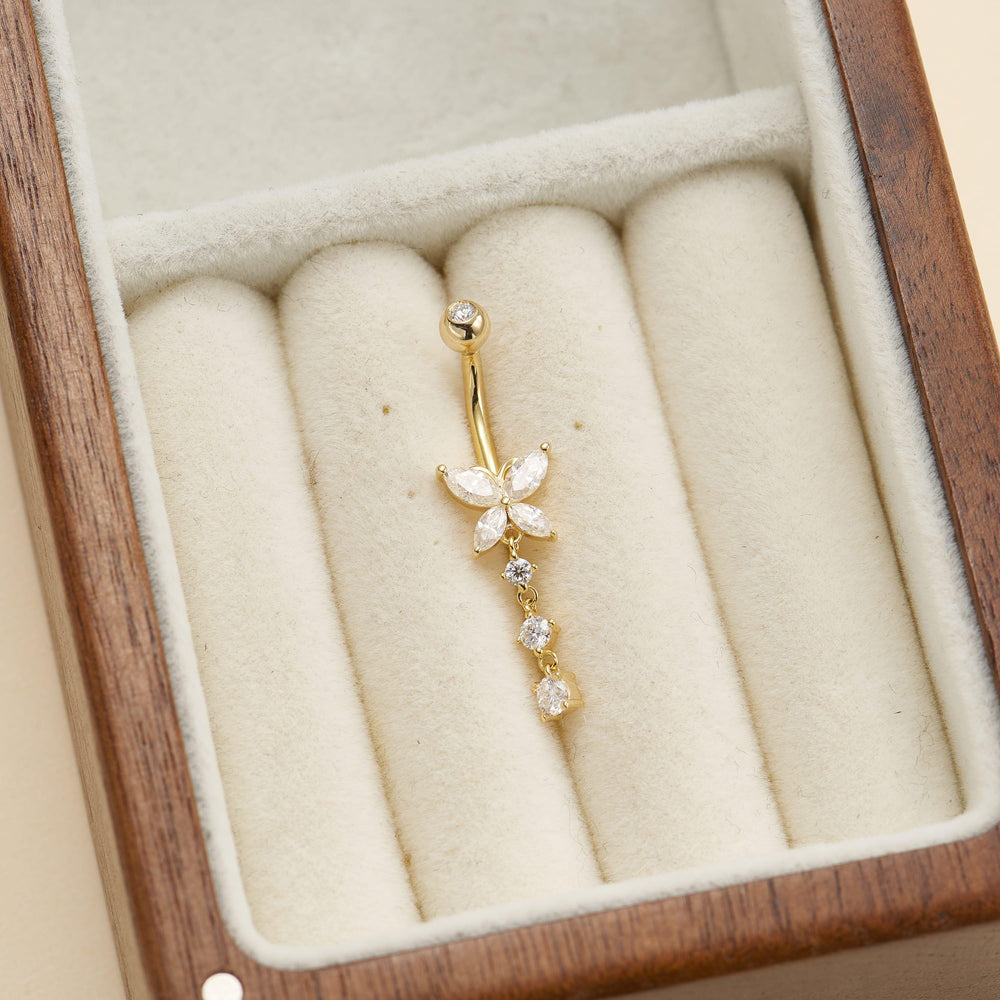 product angle view of 14K solid gold lab diamond for navel piercing belly button ring 14g nickel-free