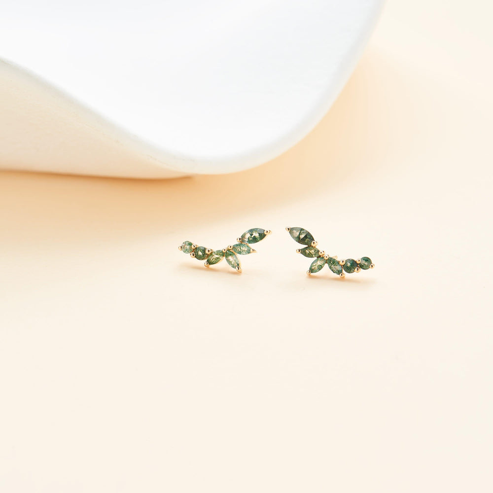 detail close-up of 14K solid gold marquise-cut moss agate flat back stud earring threadless design nickel-free