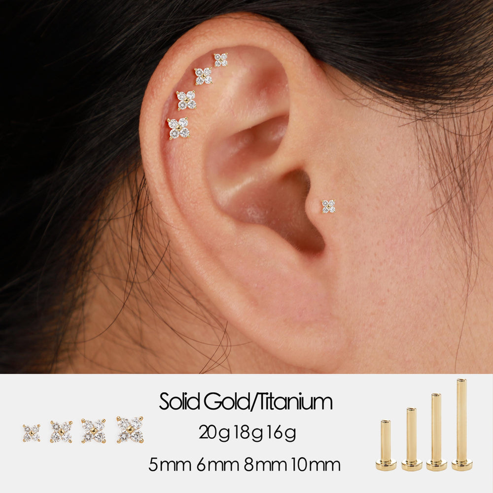 14K solid gold lab diamond floral for cartilage piercing flat back stud earring nickel-free