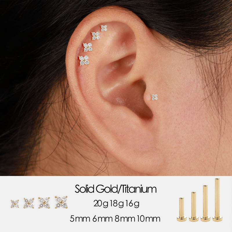 14K Solid Gold Lab Diamond Flower Cartilage Flat Back Stud Earring