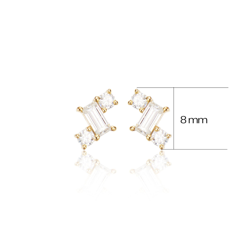 worn on model - 14K solid gold baguette-cut lab diamond flat back stud earring threadless design nickel-free