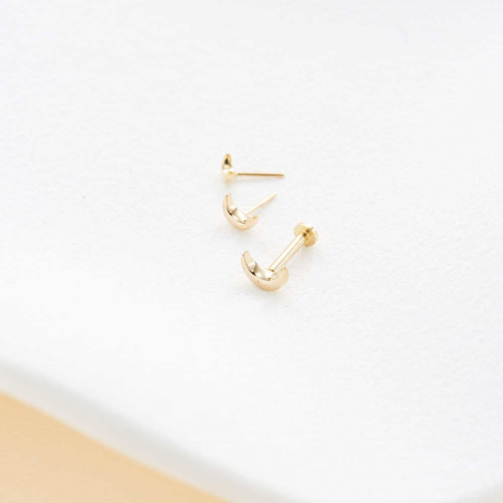 worn on model - 14K solid gold crescent moon for cartilage piercing flat back stud earring threadless design nickel-free