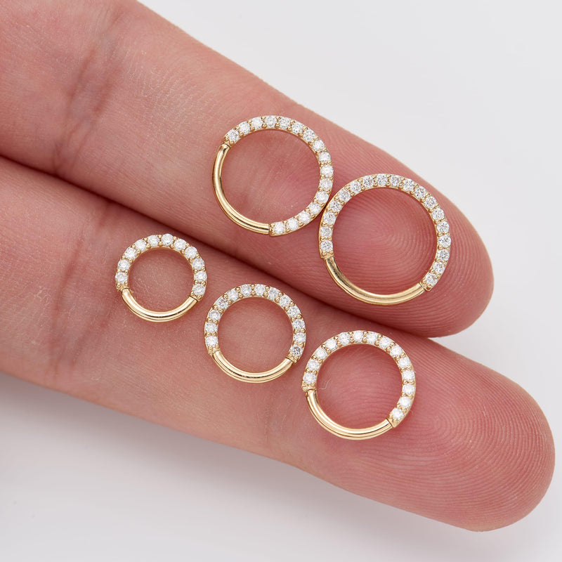 14K Solid Gold Lab Diamond Septum / Daith Clicker Hoop • 16G Nose Piercing Jewelry