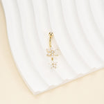 14K Solid Gold Marquise Labs Diamond Flower Dangle Belly Button Ring 14G