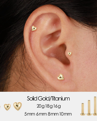 14K Solid Gold Heart Threadless Push Pin Flat Back Labret Stud 20G/18G/16G