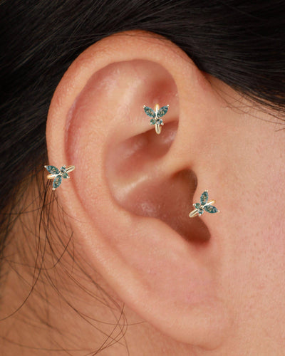 14K Solid Gold Marquise Moss Agate Butterfly Clicker Hoop  Conch Rook Helix Tragus Ring