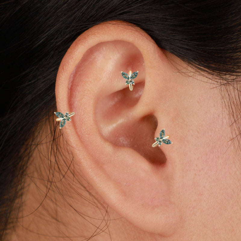 14K Solid Gold Marquise Moss Agate Butterfly Clicker Hoop  Conch Rook Helix Tragus Ring