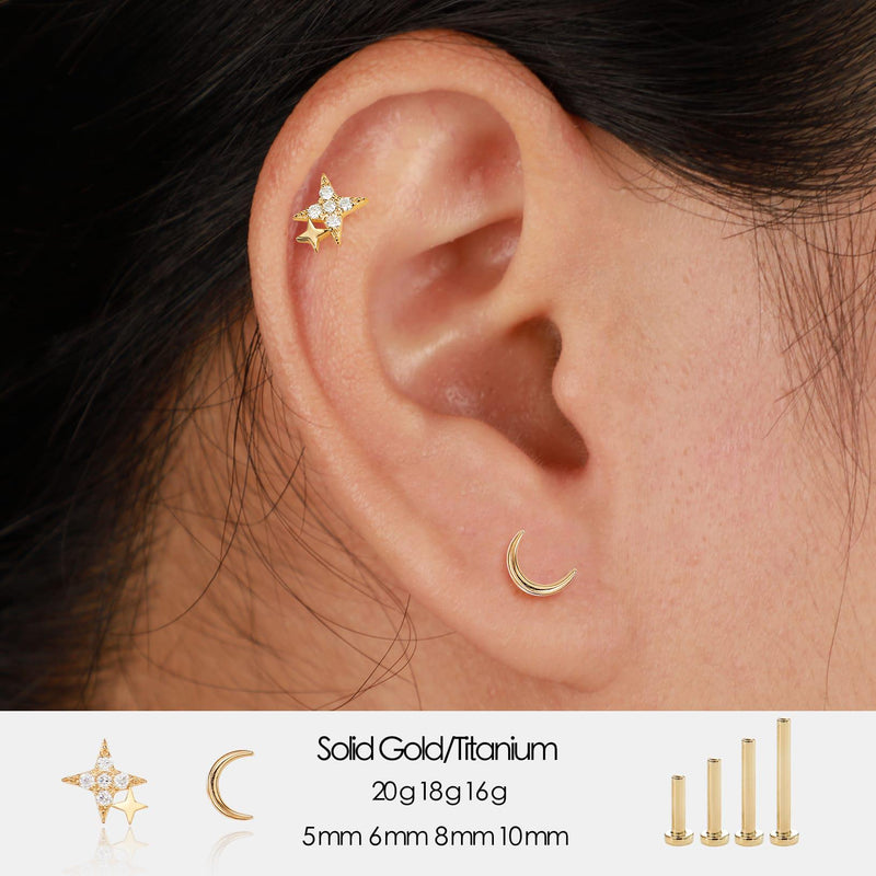 14K Gold Star & Moon Lab Diamond Cartilage Stud Earring Threadless Push Pin