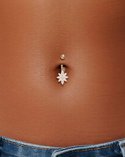 14G 14K Solid Gold Lab Diamond Floral Belly Button Ring