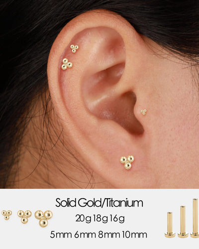 14K Solid Gold Tiny Trinity Ball Threadless Push Pin Flat Back Labret