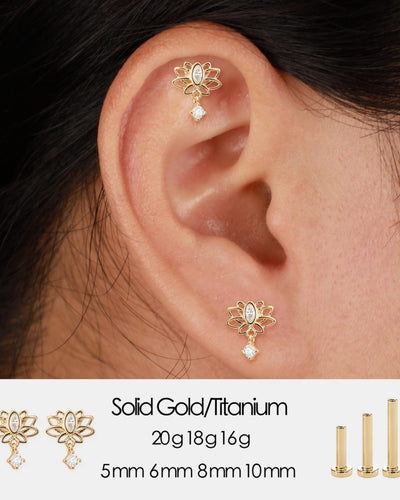 14K Solid Gold Lab Diamond Flower Cartilage Flat Back Earring: Threadless Push Pin Stud