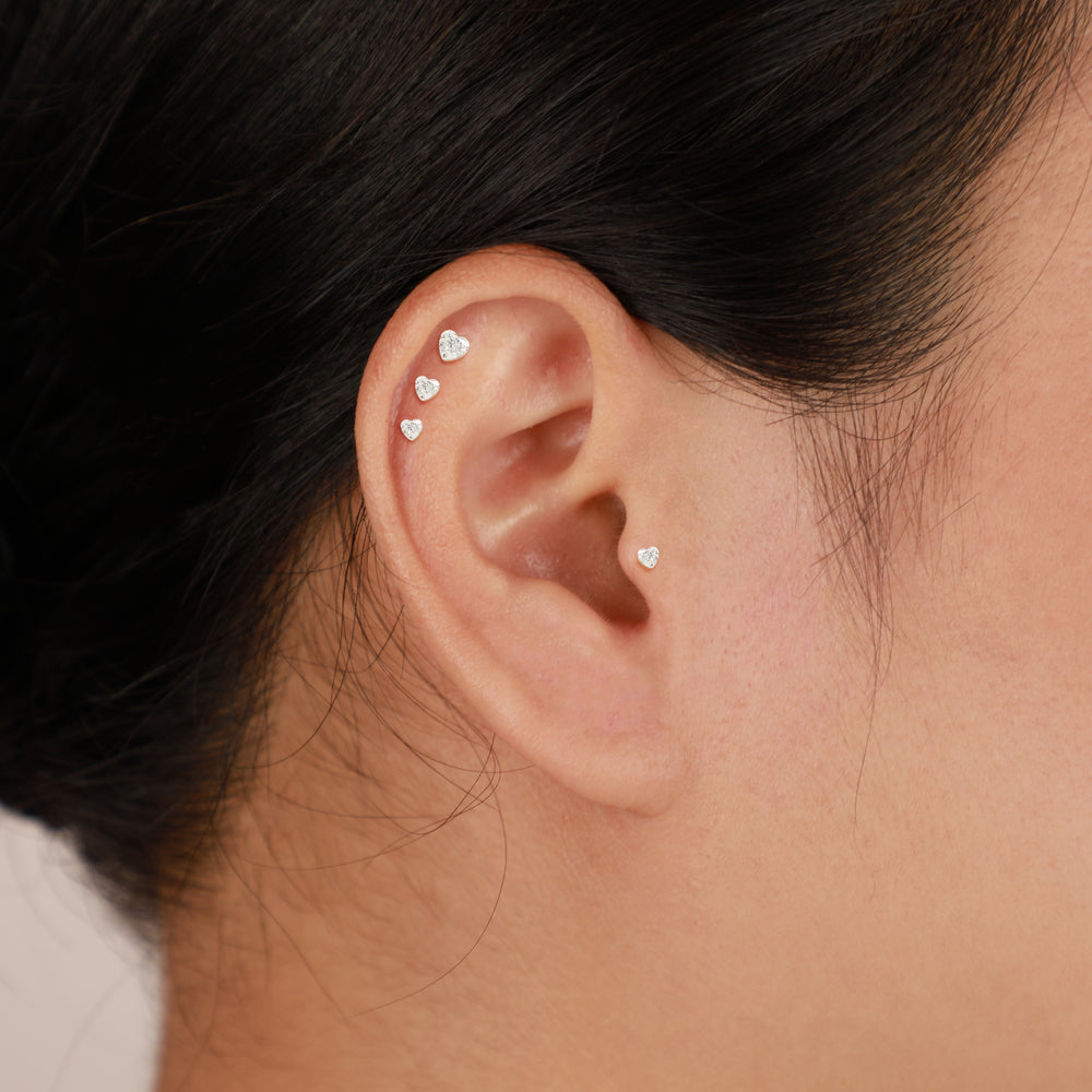worn on model - 14K solid gold lab diamond heart-shaped for helix conch cartilage piercing flat back stud earring internal...