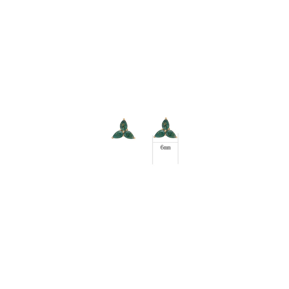 worn on model - 14K solid gold pear-cut moss agate flat back stud earring threadless design nickel-free