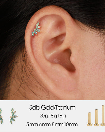 14K Solid Gold Marquise Moss Agate Leaf Stud Threadless Flat Back Cartilage Earring