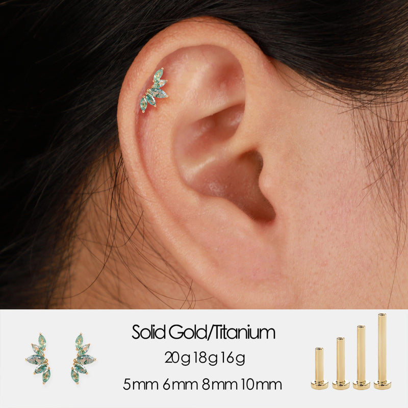 14K Solid Gold Marquise Moss Agate Leaf Stud Threadless Flat Back Cartilage Earring
