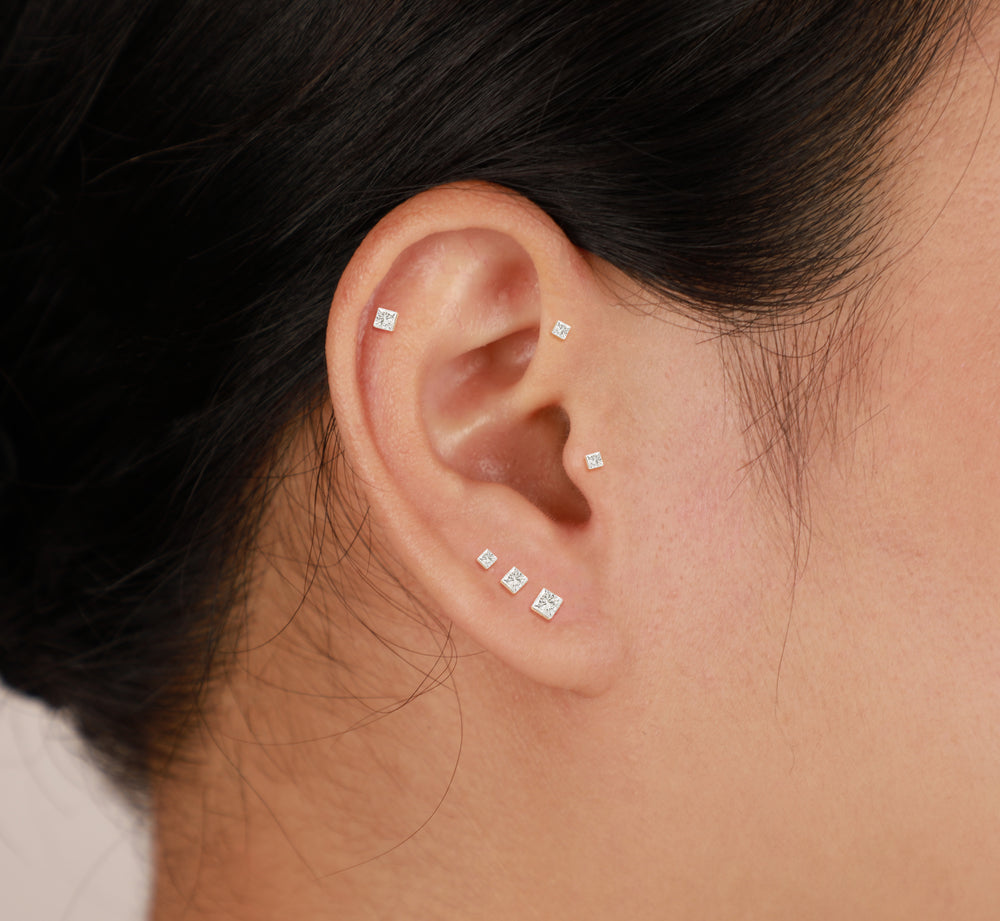 additional perspective of 14K white gold princess-cut lab diamond flat back stud earring screw back design nickel-free