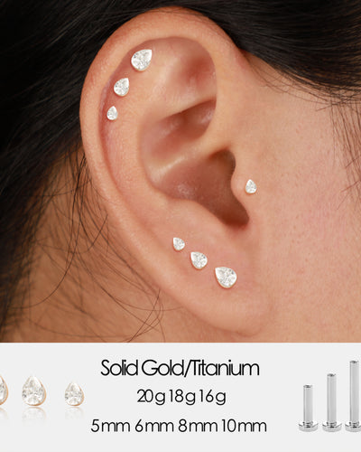 14K White Gold Invisible Set Pear Lab Diamond Stud Internal Thread Flat Backs Earring