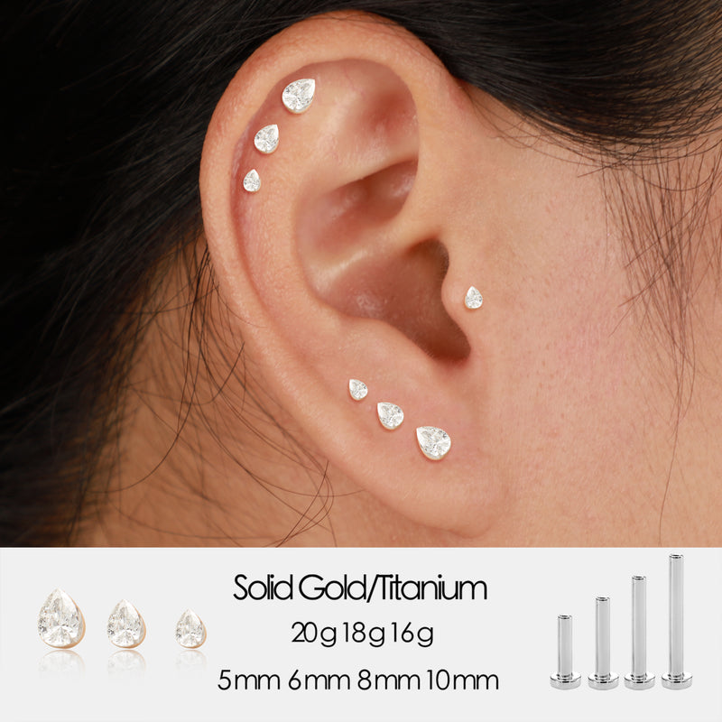 14K White Gold Invisible Set Pear Lab Diamond Stud Internal Thread Flat Backs Earring