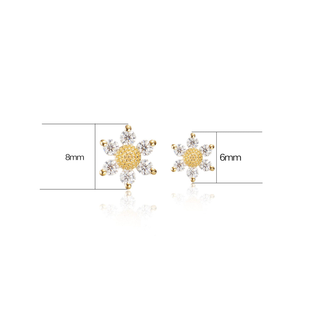 worn on model - 14K solid gold lab diamond floral flat back stud earring threadless design nickel-free