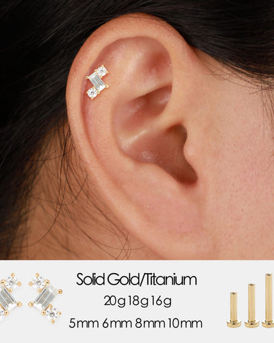 14K Solid Baguette Gold Lab Diamond Threadless Push Pin Flat Back Stud Earring
