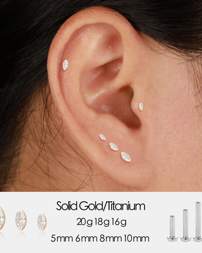 14K Solid Gold Invisible Set Marquise Lab Diamond Screw Back Flat Back Stud Earring